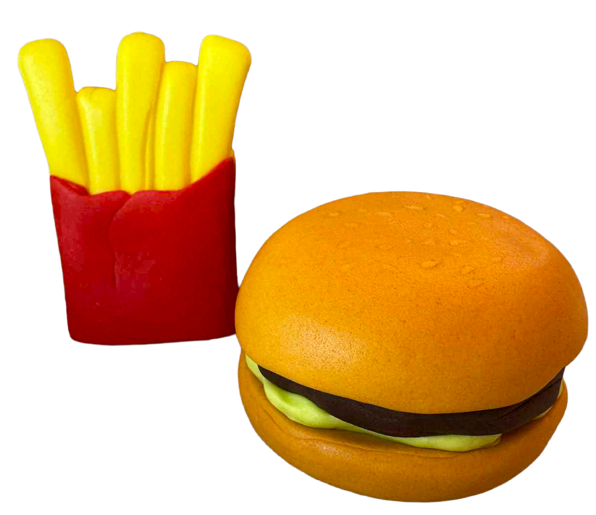 Décorations comestibles pour gâteau Hamburger et frites – lot de 2 figurines en pâte à sucre (~6 cm)