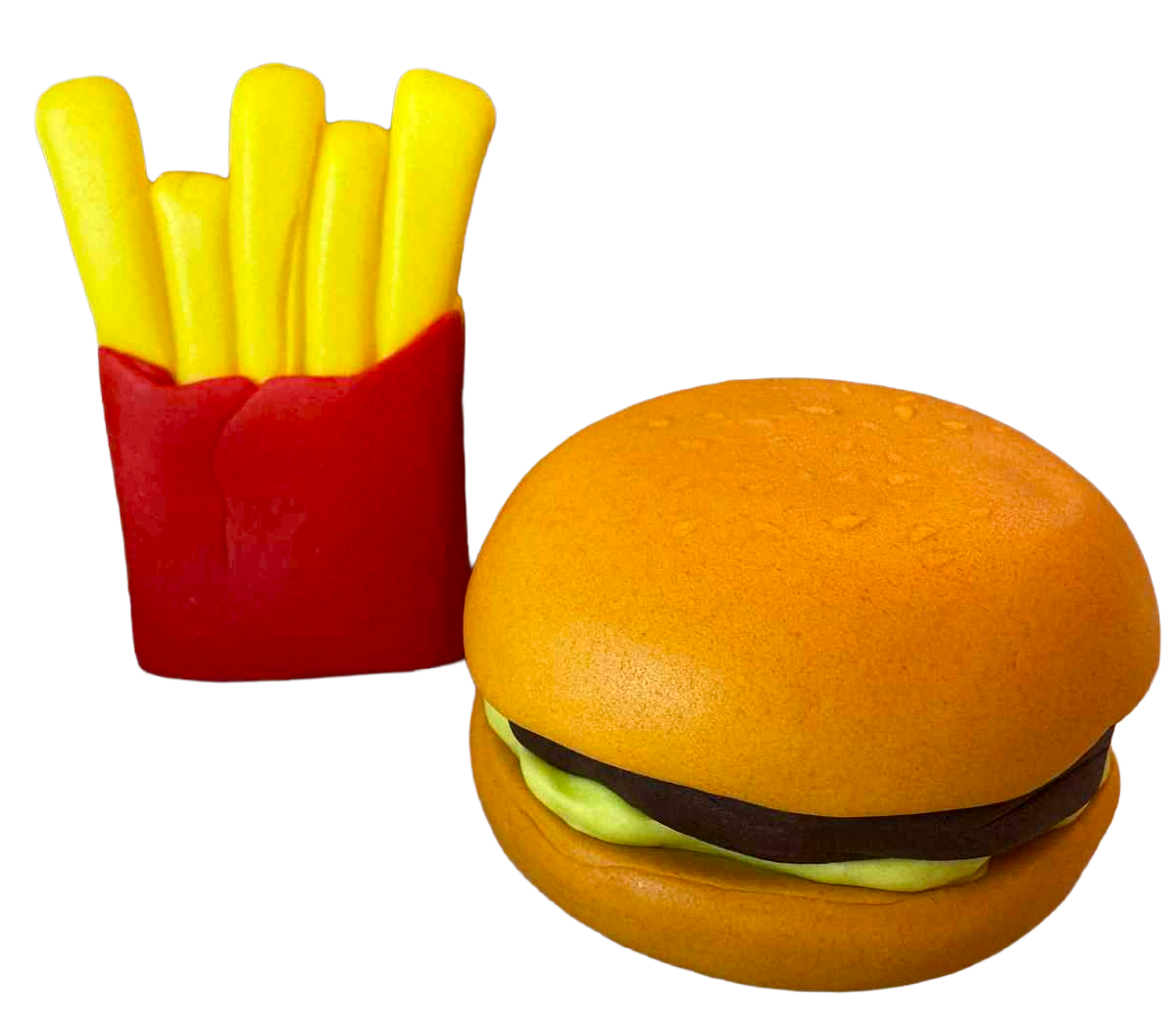 Décorations comestibles pour gâteau Hamburger et frites – lot de 2 figurines en pâte à sucre (~6 cm)