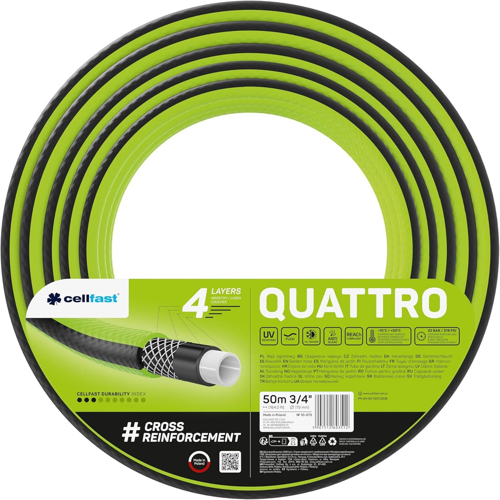Furtun de grădină Cellfast QUATTRO, durabil, ușor, cu 4 straturi, rezistent la UV, furtun din fire, împletitură încrucișată, 20 bar, 3/4" 15m, 10-074