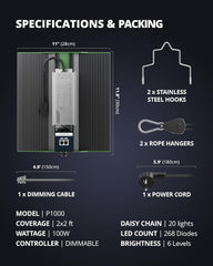 VIPARSPECTRA P1000 Lampe de culture LED à spectre complet 2024 LED 0 % à 100 % variable pour serres, plantes d'intérieur, semis, légumes, fleurs, tentes de culture 60 x 60 cm et 80 x 80 cm