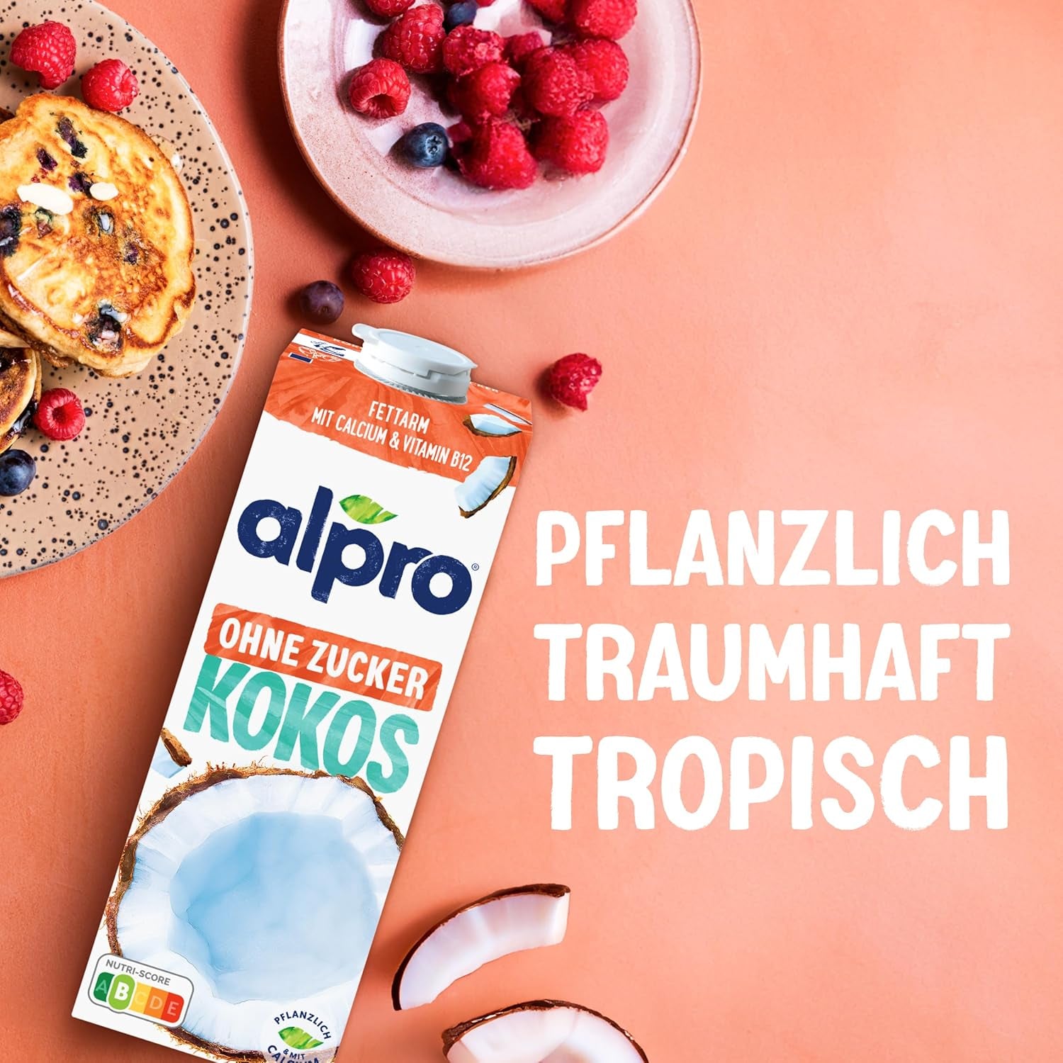 Alpro Kokosnussdrink ohne Zucker – Ohne Süßstoffe – Vegan et sans lait – Von Natur aus lactosefrei et fettarm – Riche en calcium et vitamines – 8 x 1 L