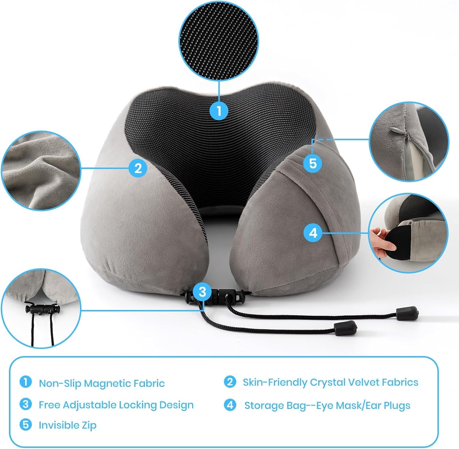 Pernă de gât, pernă de gât pentru avion, pernă de călătorie, pernă de gât pentru adulți, pernă de gât pentru mașină, pernă pentru casă, pernă ergonomică din spumă cu memorie, lavabilă cu spate îngust, reglabilă, gri