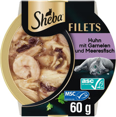 SHEBA Filets Adult Katzenfutter en Sauce au Poulet, Hochseefisch et Garnelen 16 x 60g Coquille