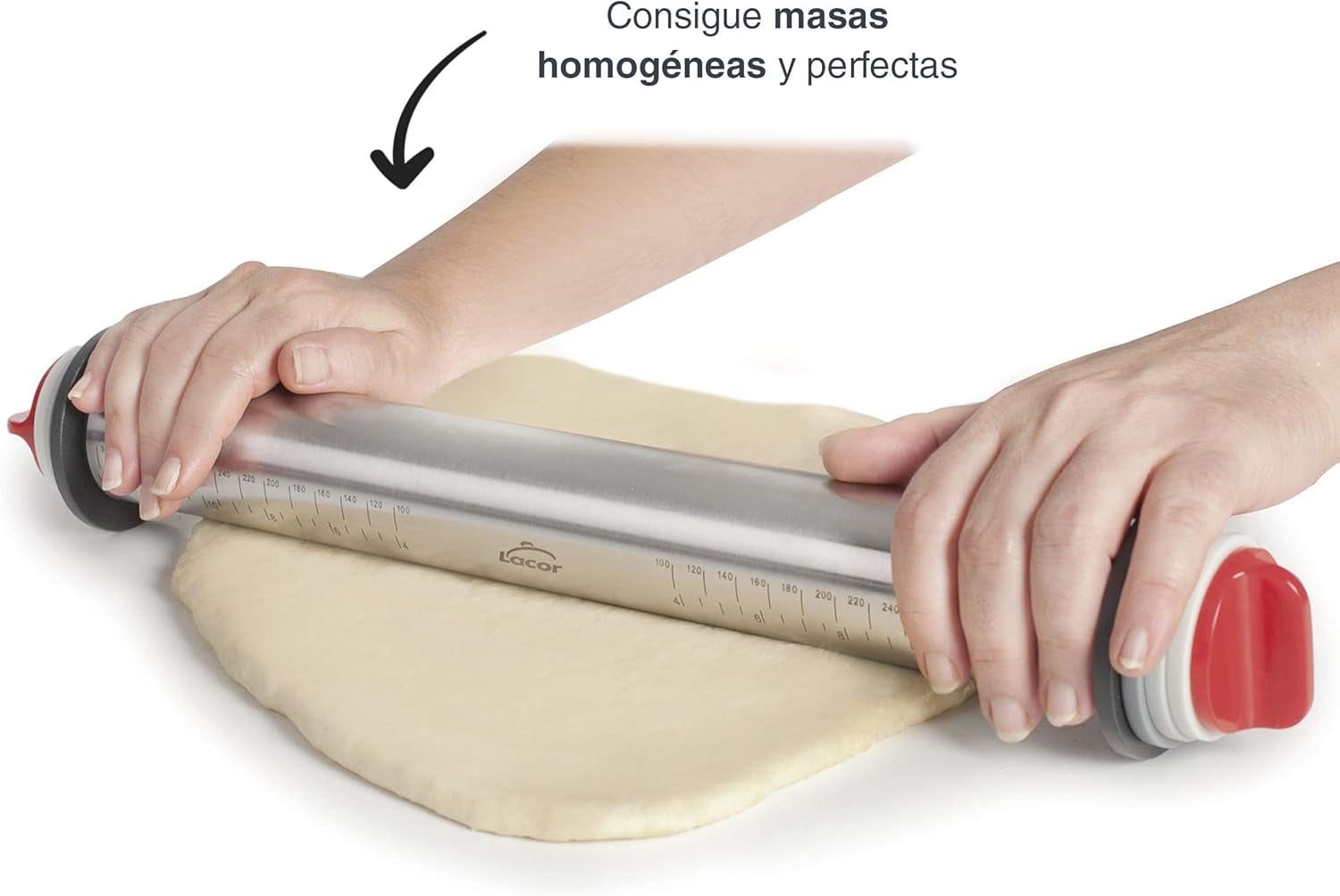 - 67143 - Rouleau d'essuie-tout Amasar, 4 disques amovibles, acier inoxydable, repères de mesure gravés, toutes les mesures, 41,5 cm, passe au lave-vaisselle, gris