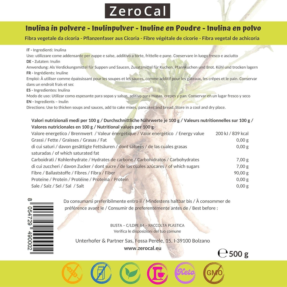 Zerocal - Inulin Pulver Aus Der Chicorée-Wurzel 500 G | Inulin Mit Hohem Ballaststoffgehalt |100% Vegan Und Glutenfrei |Herkunft Deutschland Indulcitori Naty Shop
