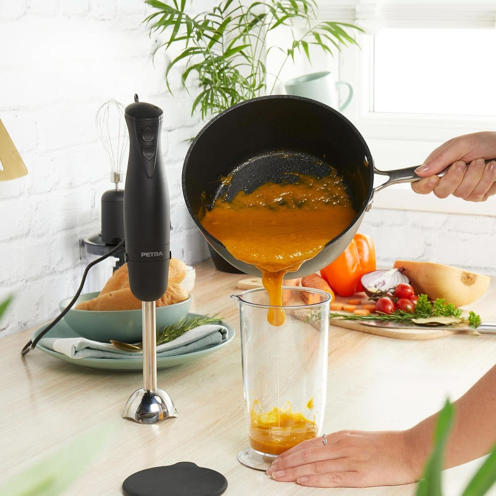 Petra PT2827BMBLKVDE Mélangeur 3-en-1 – Accessoires sans BPA, 500 ml-Schüssel, 700 Ml-Becher, Schneebesen, Mixen, Zerkleinern, 2 Geschwindigkeiten, Edelstahlklingen, Für Babynahrung, Smoothies, Saucen, 350W Mother and Child Naty Shop