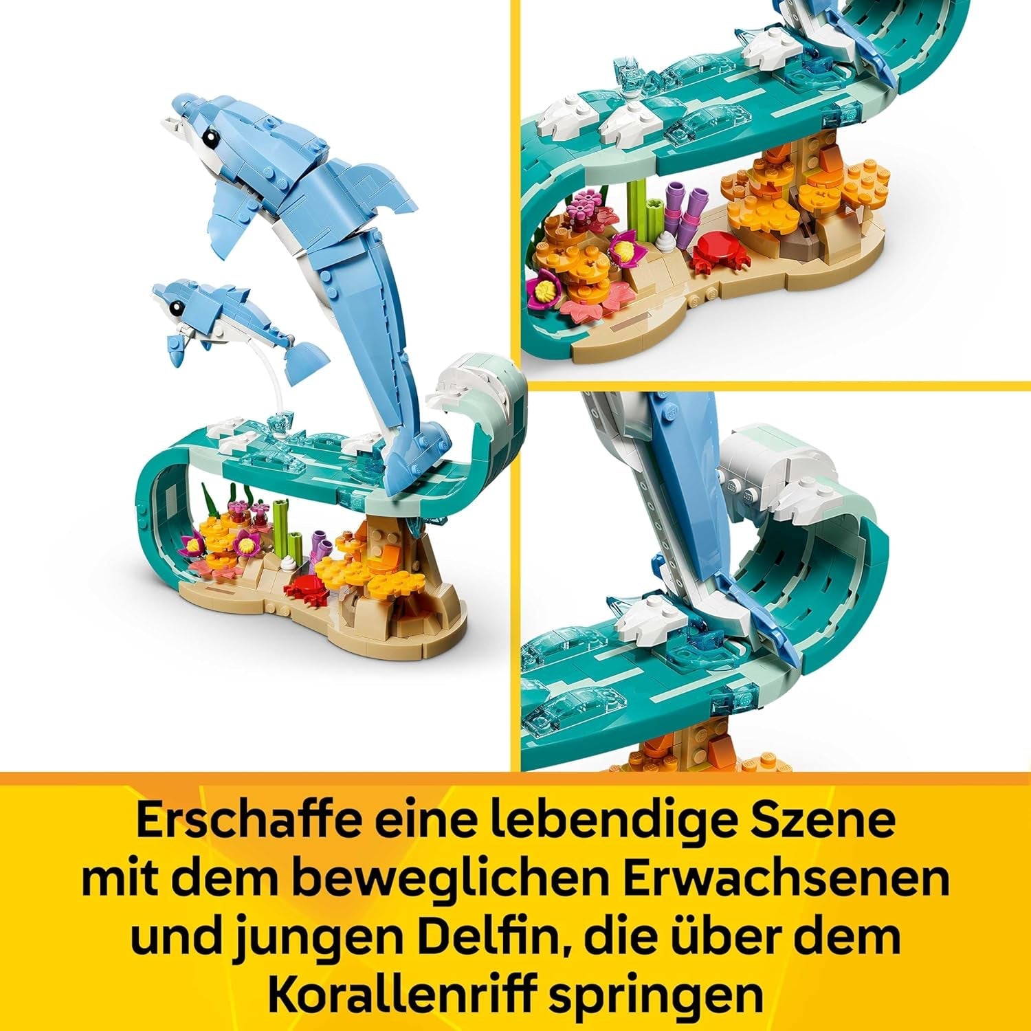 LEGO Creator 3-in-1-Set Meerestiere: Wunderschöne Delfine - Tierfiguren - Set mit 3 Optionen: Delfine, Seepferdchen & Krabbe - Spielzeug für Kinder ab 9 Jahren - Geschenk für Mädchen & Jungen - 31385