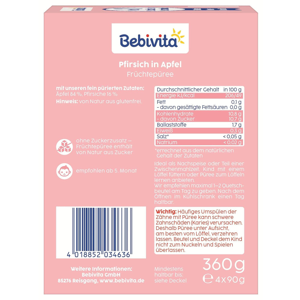 Sachets compressibles pêche pomme - paquet de 16 (4 paquets, 4 x 90 g chacun), sans sucre ajouté, sans gluten, végétalien, idéal pour les bébés à partir de 5 mois, parfait pour emporter