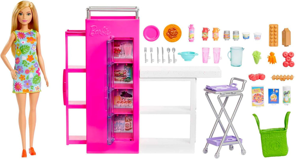 Barbie Doll Pantry Playset avec plus de 25 pièces de cuisine et accessoires – Parfait pour les petits gourmets et cadeau pour les enfants de 3 ans et plus, HJV38