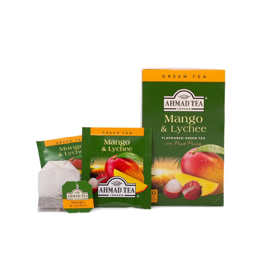 Ahmad Tea - Mango &amp; Lychee - Ceai verde cu mango și litchi - Cu bucăți de fructe - Plicuri de ceai ambalate individual, cu aromă sigilată, cu 2 g de ceai per porție - 20 de pliculețe de ceai cu bandă (pachet cu 2)