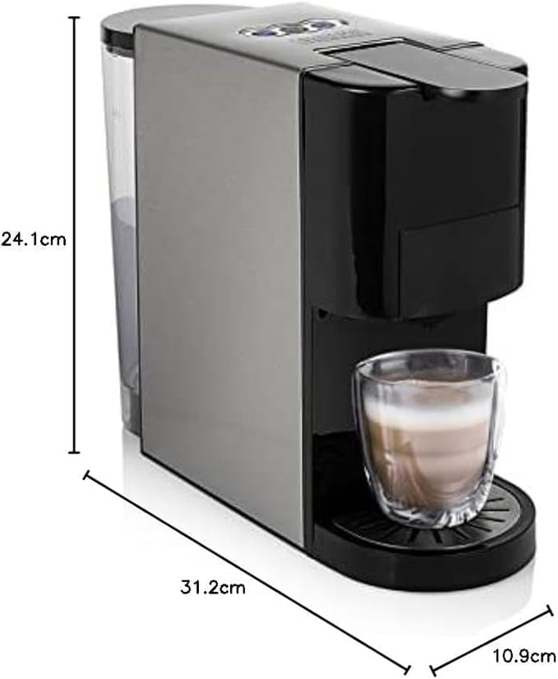 Machine à expresso multicapsules Princess 5 en 1 – Compatible avec Nespresso, Dolce Gusto, Lavazza a Modo Mio et ESE Pads, capacité 0,8 L, 1450 W, argent, noir