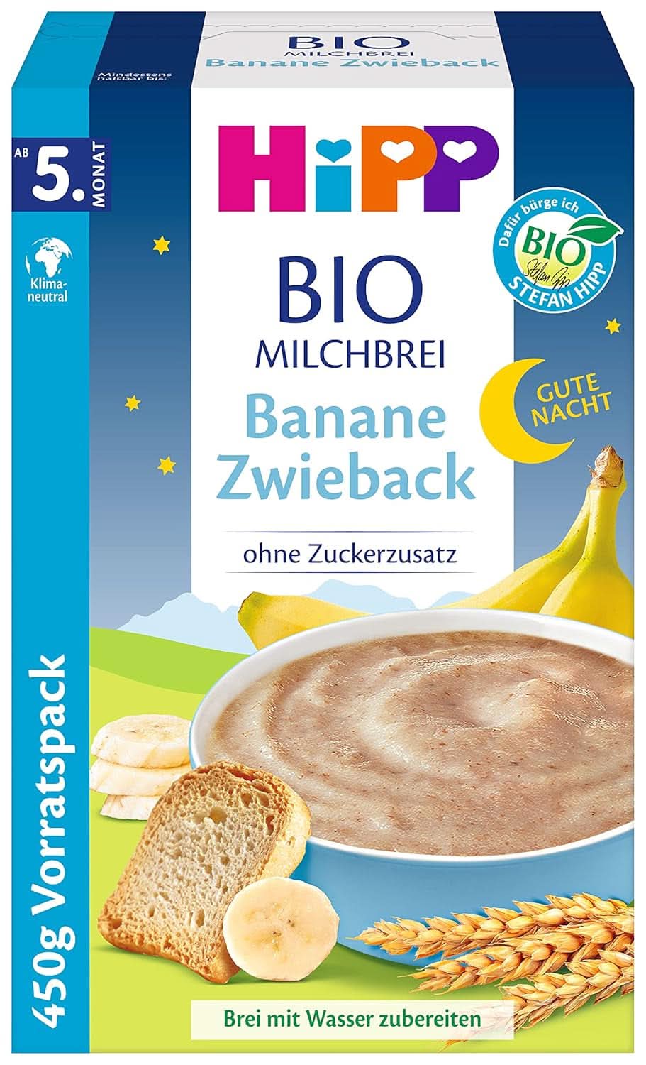 Bouillie de lait biologique Hipp sans sucre ajouté, semoule et banane, emballage de conservation (4X450 grammes) Mère et Enfant Naty Shop 4 x 450 grammes Banana Rusk