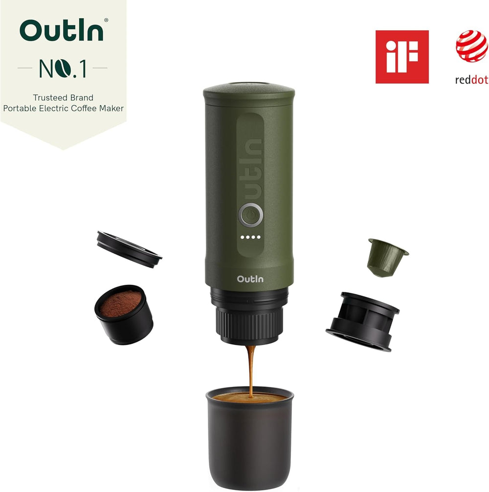 Machine à expresso électrique portable OutIn Nano, cafetière de camping, auto-chauffante USB-C, compatible avec le café moulu et les capsules NS