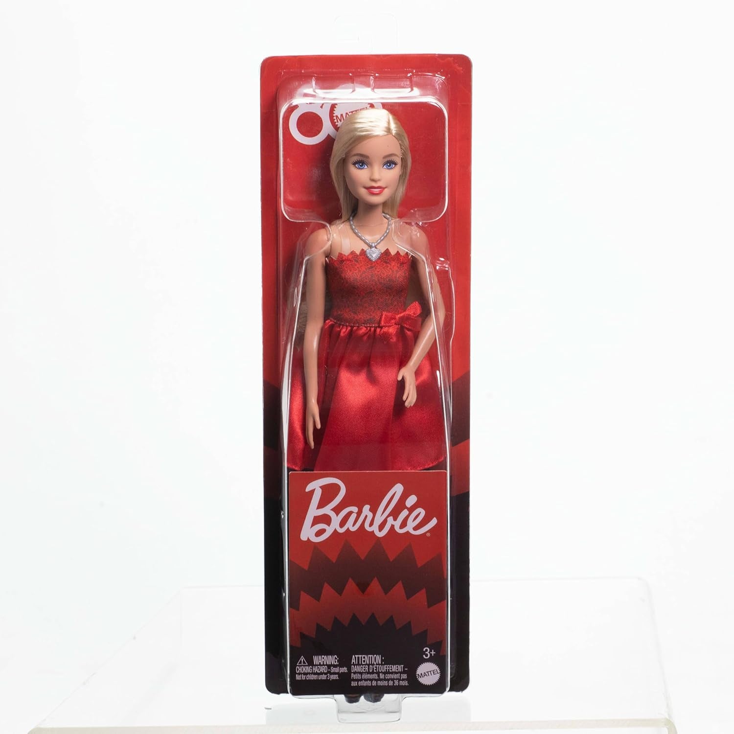 Mattel Rubinrote Blonde Barbie-Party-Modepuppe zum 80. Jubiläum roten Kleid mit silver Schuhen und Halskette, Sammelspielzeug, JGD25