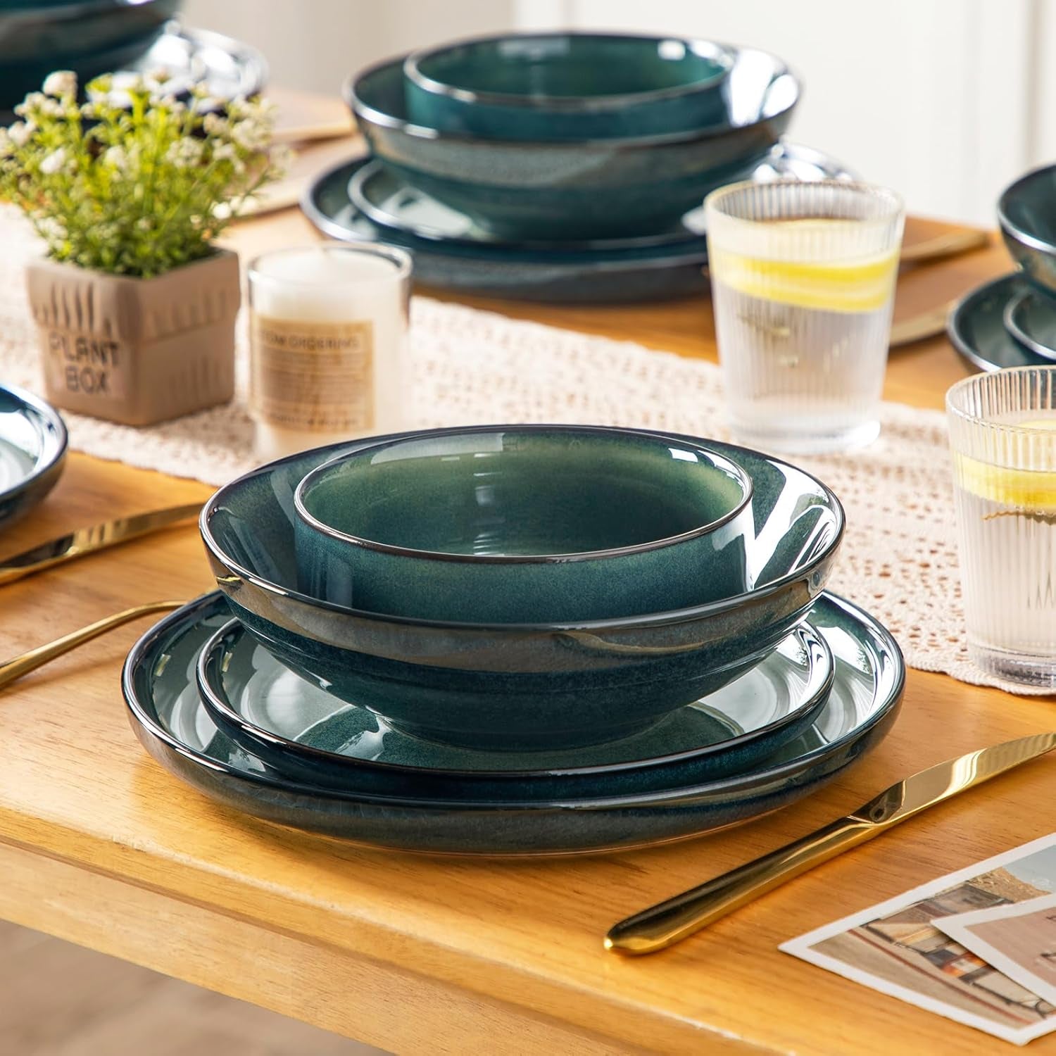 Service de table moderne pour 6 personnes Vancasso STARRY Service de table en grès 24 pièces Vert Combo Service de table pour 6 personnes comprenant assiettes plates, assiettes à dessert, assiettes creuses et bols à céréales