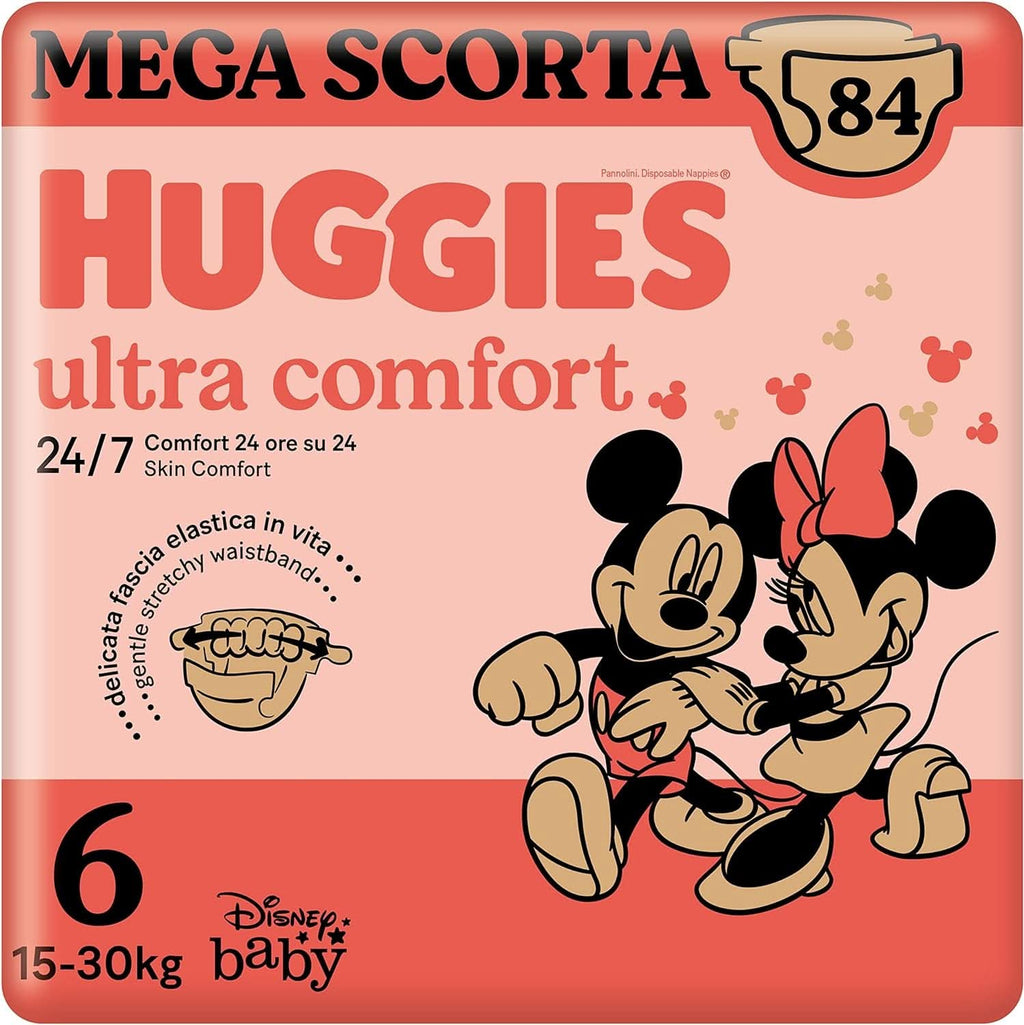 Huggies Ultra Comfort, scutece mărimea 4 (7-18 kg), design Disney, pachet de depozitare Mama si Copilul Naty Shop 6 (16-30 Kg)(84 scutece)
