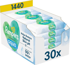 Lingettes humides Pampers Harmony Aqua Baby, boîte, 1440 lingettes (15 x 96), protection douce des peaux délicates avec 99 % d'eau