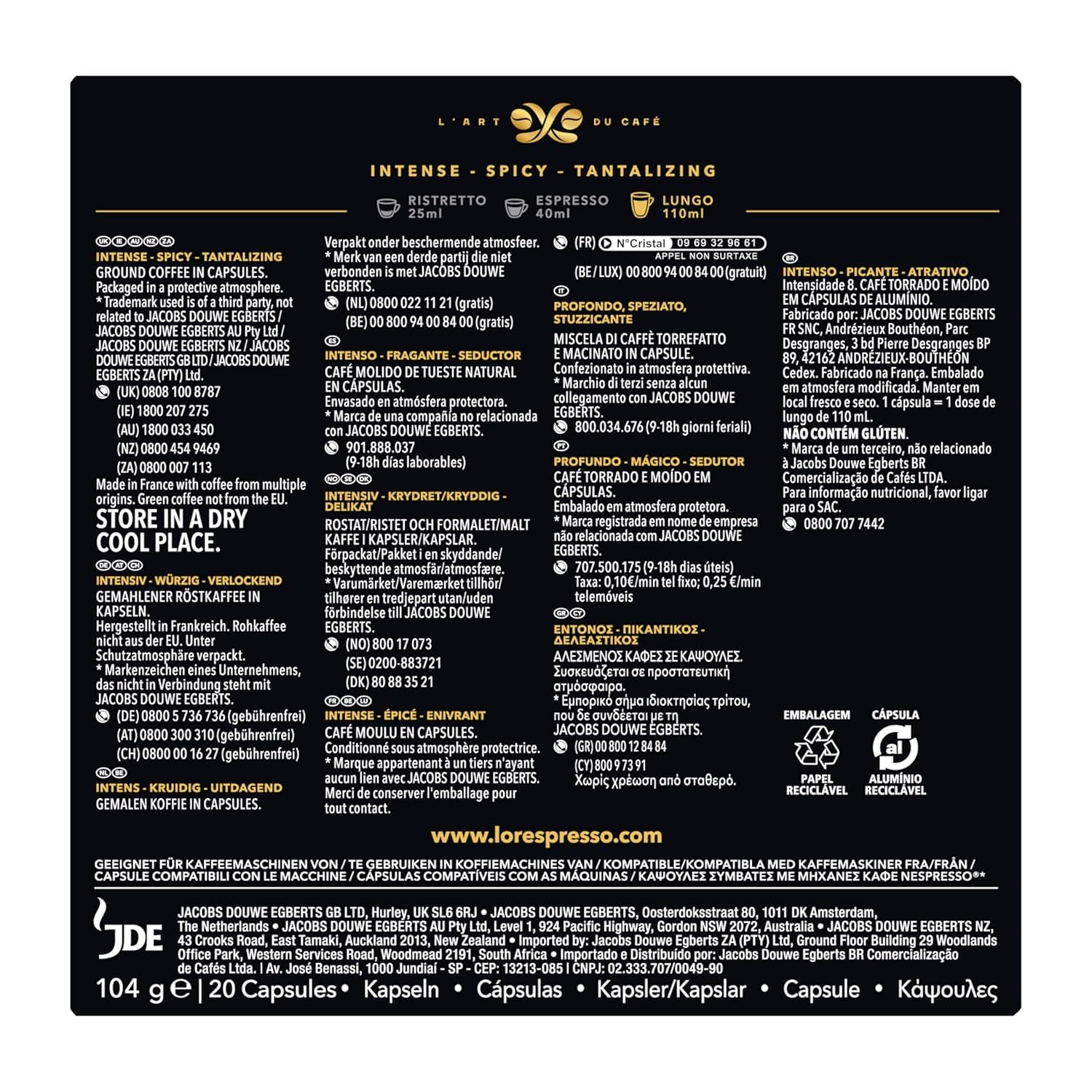 L'OR Espresso Koffiecups Lungo Profondo (200 Lungo Koffie Capsules, Gesicht voor Nespresso* Koffiemachines, Intensity 08/12, 100% Arabica Koffie, UTZ Gecertificeerd), 10 x 20 Cups