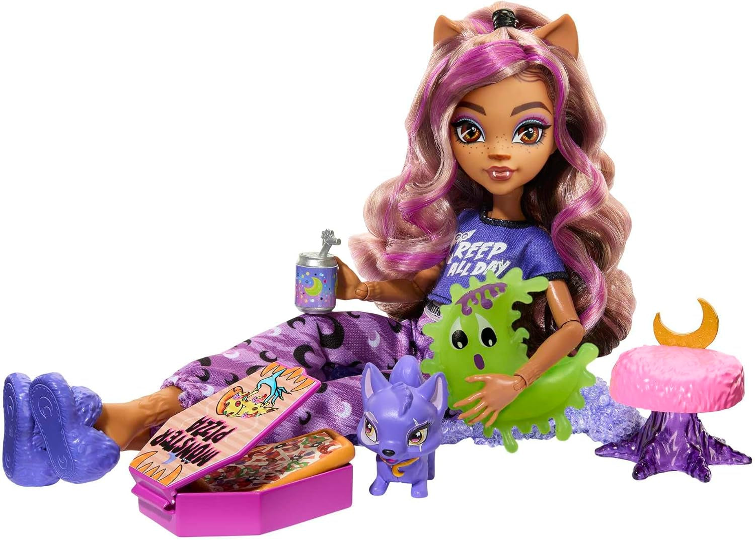 MONSTER HIGH Puppe und Sleepover Zubehör, Clawdeen Wolf Puppe mit Pet Cat Crescent, Creepover Party, HKY67