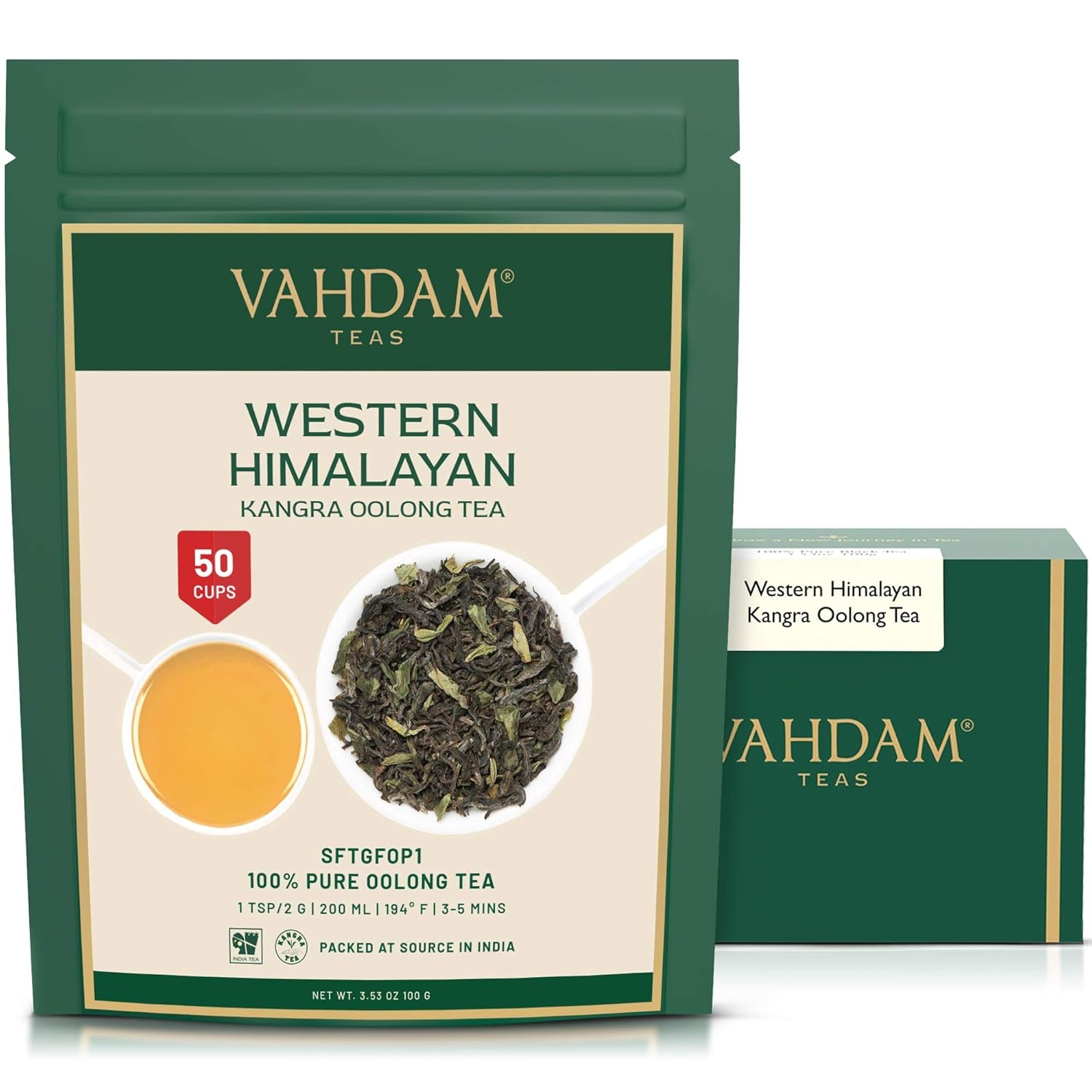 VAHDAM, ceai Oolong de munte (100 g) Cules manual în plantațiile de altitudine din Darjeeling | Frunze de ceai Oolong 100% naturale | Direct de la sursă din India | Se prepară ca ceai fierbinte/rece