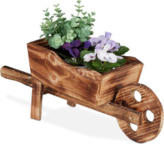Brouette jardinière Relaxdays, bois brûlé, décoration de jardin, design vintage, à planter, HxLxP : 19 x 47 x 15 cm, naturel