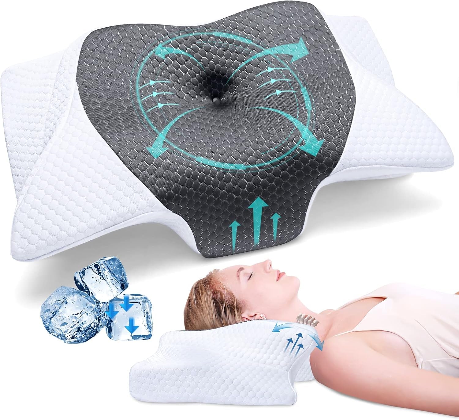 SAHEYER Oreiller Cervical Oreiller en Mousse à Mémoire Oreiller de Couchage Latéral Oreiller Orthopédique Ergonomique de Soutien du Cou Améliore la Qualité du Sommeil Oreiller Cervical 60 X 35,5 X 10/13CM Oreiller de Couchage avec Taie d'oreiller Oreillers Orthopédiques Cervicaux Naty Shop Blanc + Gris Glace 60 X 35,5 X 10/13Cm