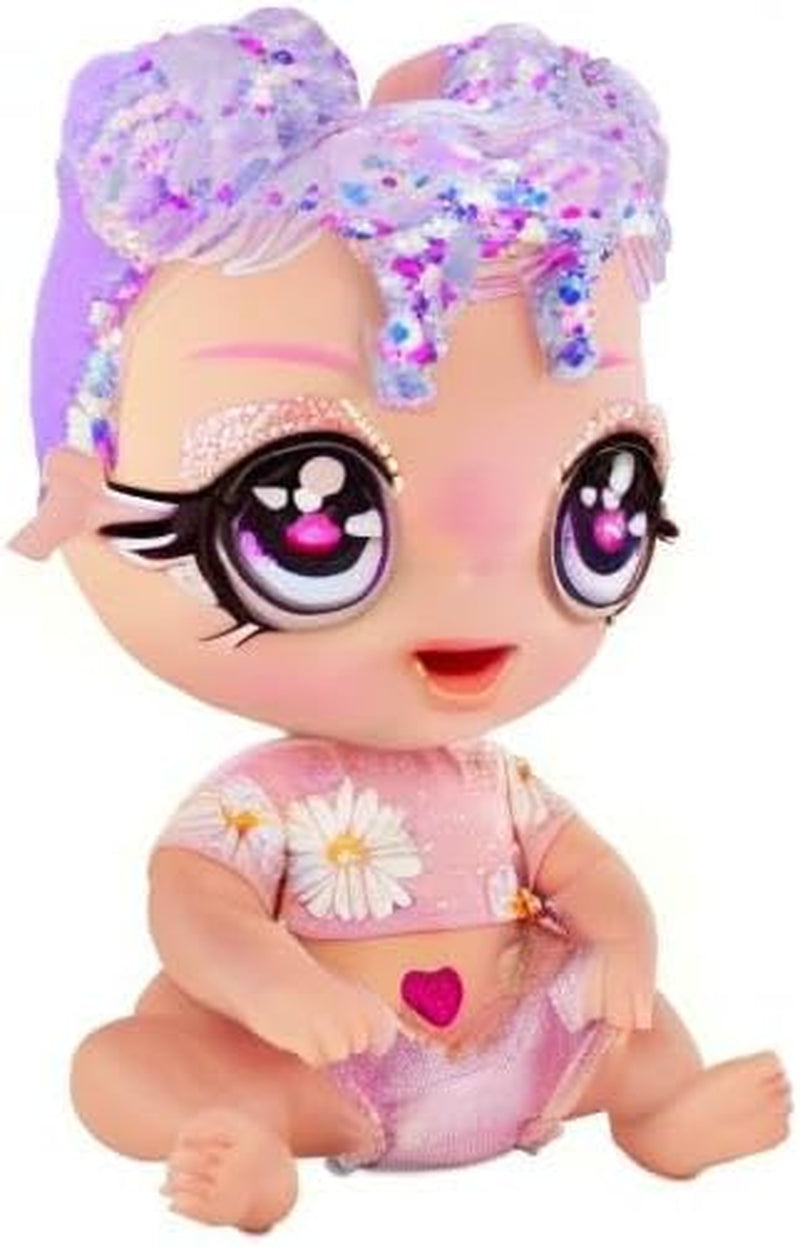 MGA Glitter Babyz - LILA WILDBLOOM - Poupée bébé avec 3 changements de couleurs magiques dans l'eau glacée - avec cheveux lilas pailletés, tenue de fleurs sauvages, couche, biberon et tétine - pour les enfants à partir de 3 ans