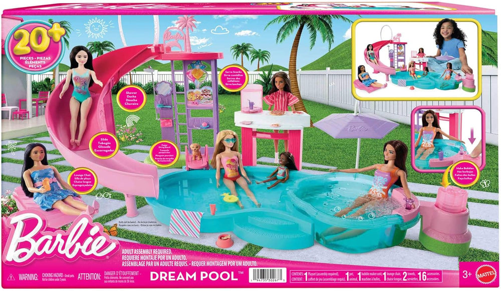 Barbie Dream Pool Playset avec six aires de jeu dont un toboggan et un jacuzzi, plus plus de 20 accessoires tels qu'un animal de compagnie, des bouées et plus encore, JKG83