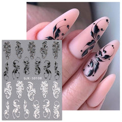 JMEOWIO 3D Nagelsticker Schwarz Weiß Blume Nail Art Sticker Selbstklebend Nagelaufkleber 5D Stereoskopisch Blumen Dekoration Nageldesign Zubehör 4 Blatt