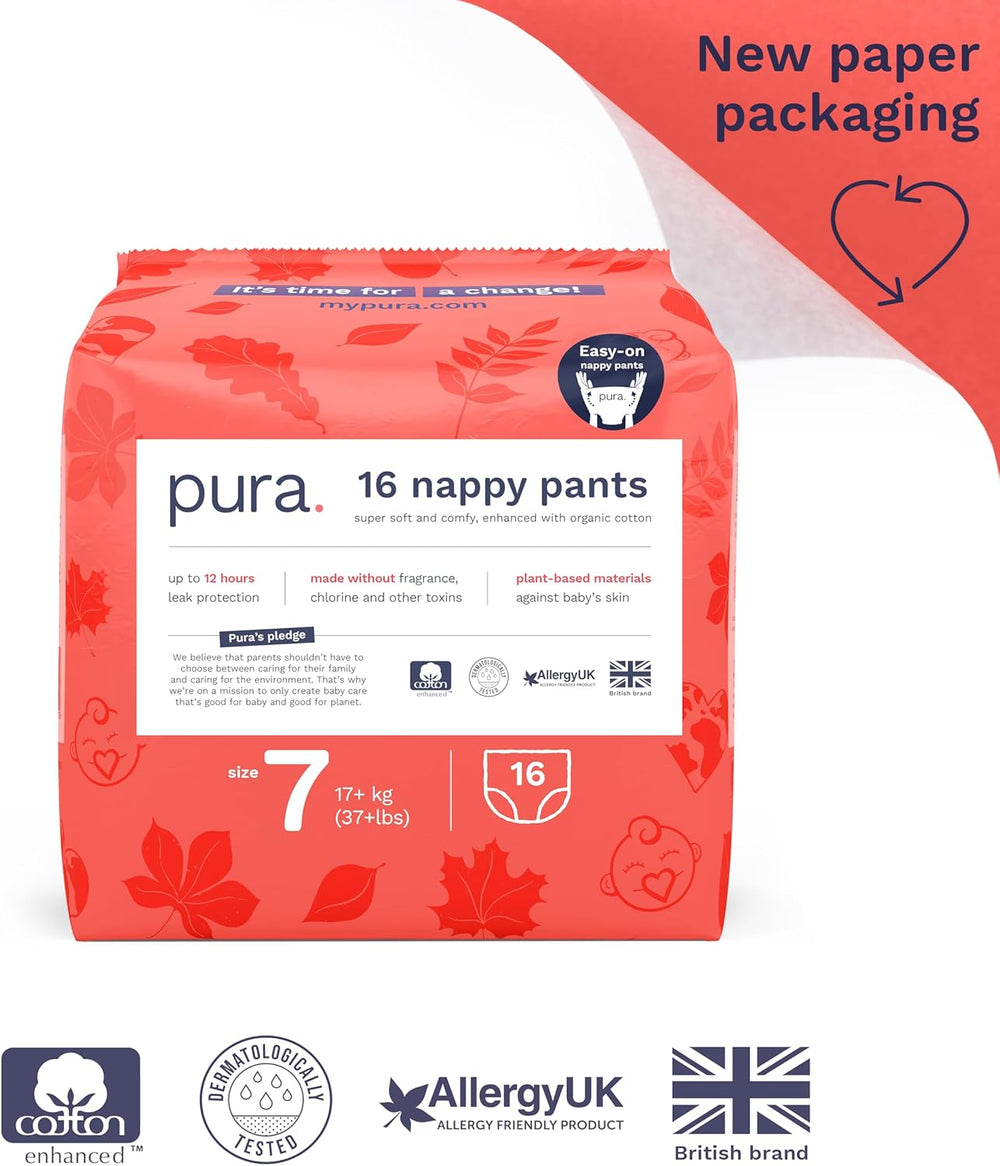 Culottes écologiques, taille 7 (17 kg +), 16 pièces, sous-vêtements jetables pour peaux sensibles et allergiques, sans parfum, tirage latéral