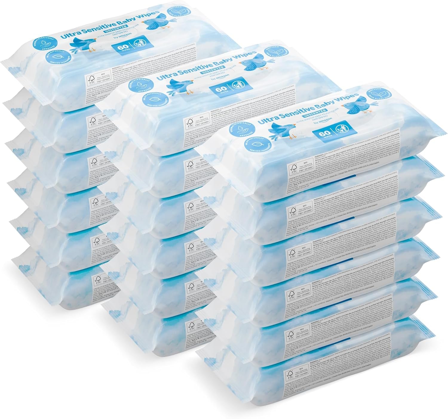 Lingettes pour bébé Amazon Ultra Sensitive, 100 % fibres végétales, 99 % eau, 1080 lingettes, non parfumées, 18 paquets de 60 lingettes chacun (anciennement vendues sous la marque Mama Bear, produit identique)