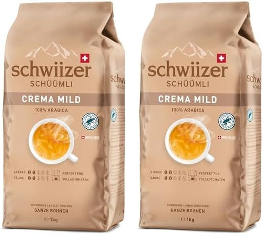 Schwiizer Schüümli Crema Doux, 100 % grains de café Arabica de qualité supérieure, fruité et noisette, pour machines à café entièrement automatiques, intensité 2/5, torréfaction légère, certifié Rainforest Alliance, 1 kg (lot de 2)