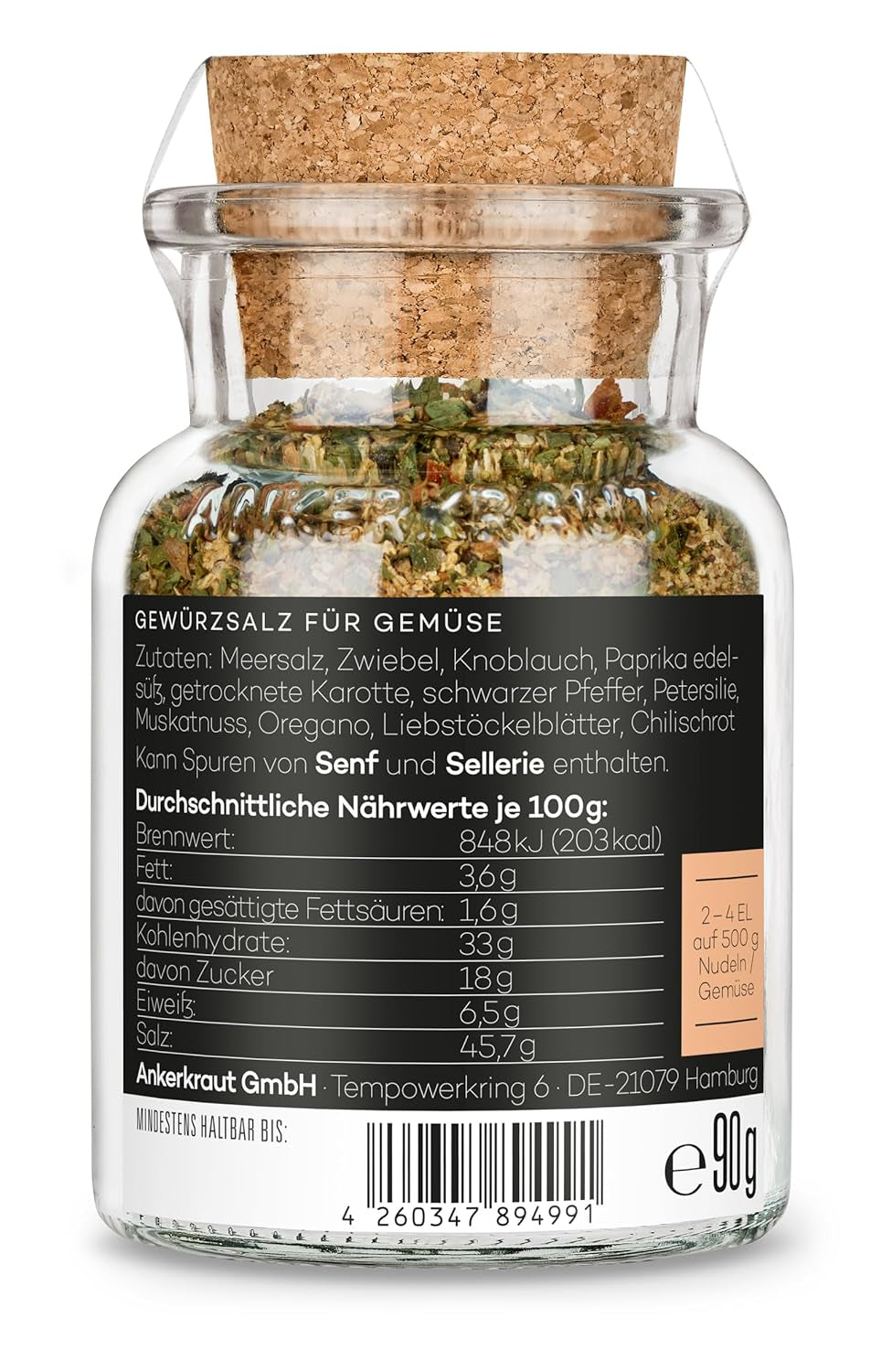 Ankerkraut Auflauf, für Gemüse-, Kartoffel- und Nudelauflauf, Gewürzsalz mit Pfeffer, Parsilie, Knoblauch, Karotte, 90 g dans un verre de Korkenglas