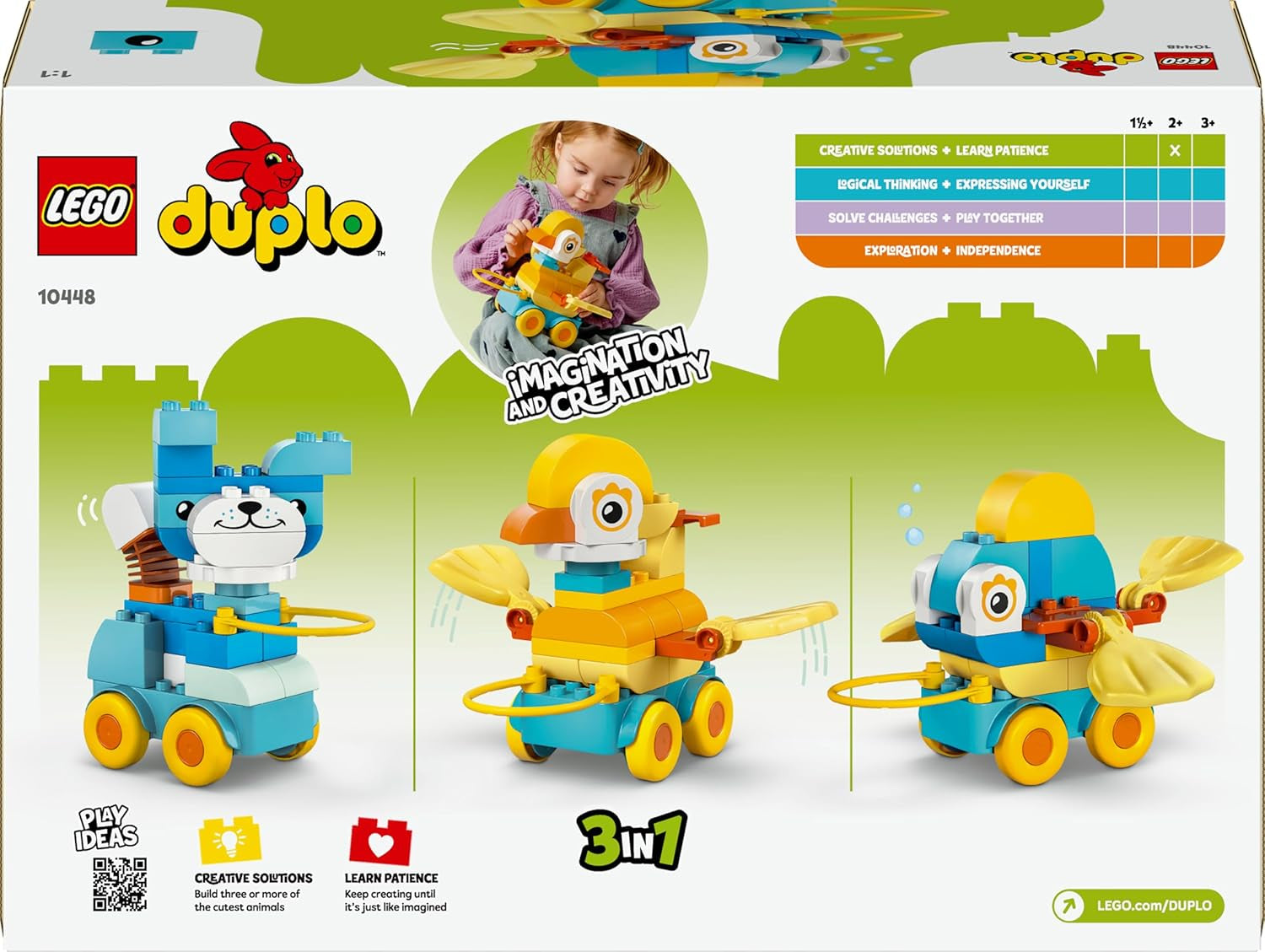 LEGO DUPLO Town Tiere auf Rädern 3-in-1-Set - Montessori Spielzeug zum Bauen von Ente, Fisch oder Hund mit Rädern und Ziehgriff - Geschenk für Mädchen und Jungen ab 2 Jahren - 10448