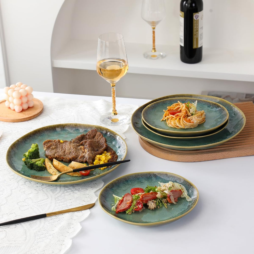 Henten Home Assiettes spéciales en grès, bols à snack et à sauce - 20x17cm pour 4 personnes, assiettes petit-déjeuner en porcelaine - design vert moderne