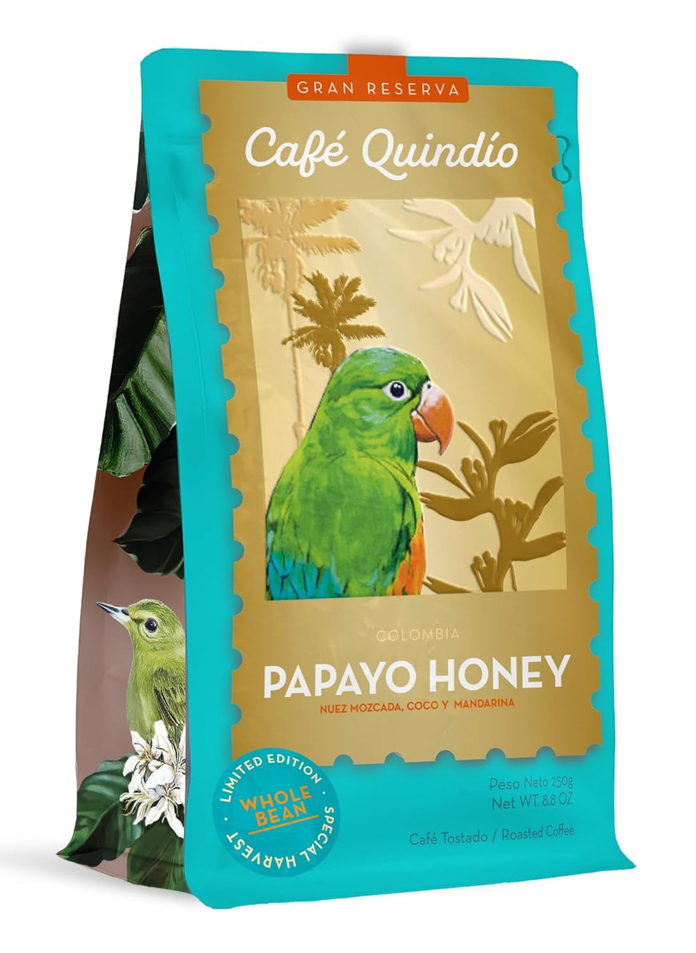 Café Quindio Papayo Honey Specialty Coffee - Café en grains 100% Arabica d'origine unique Colombie - aux notes naturelles de muscade, noix de coco et mandarine (250g) - idéal pour Chemex