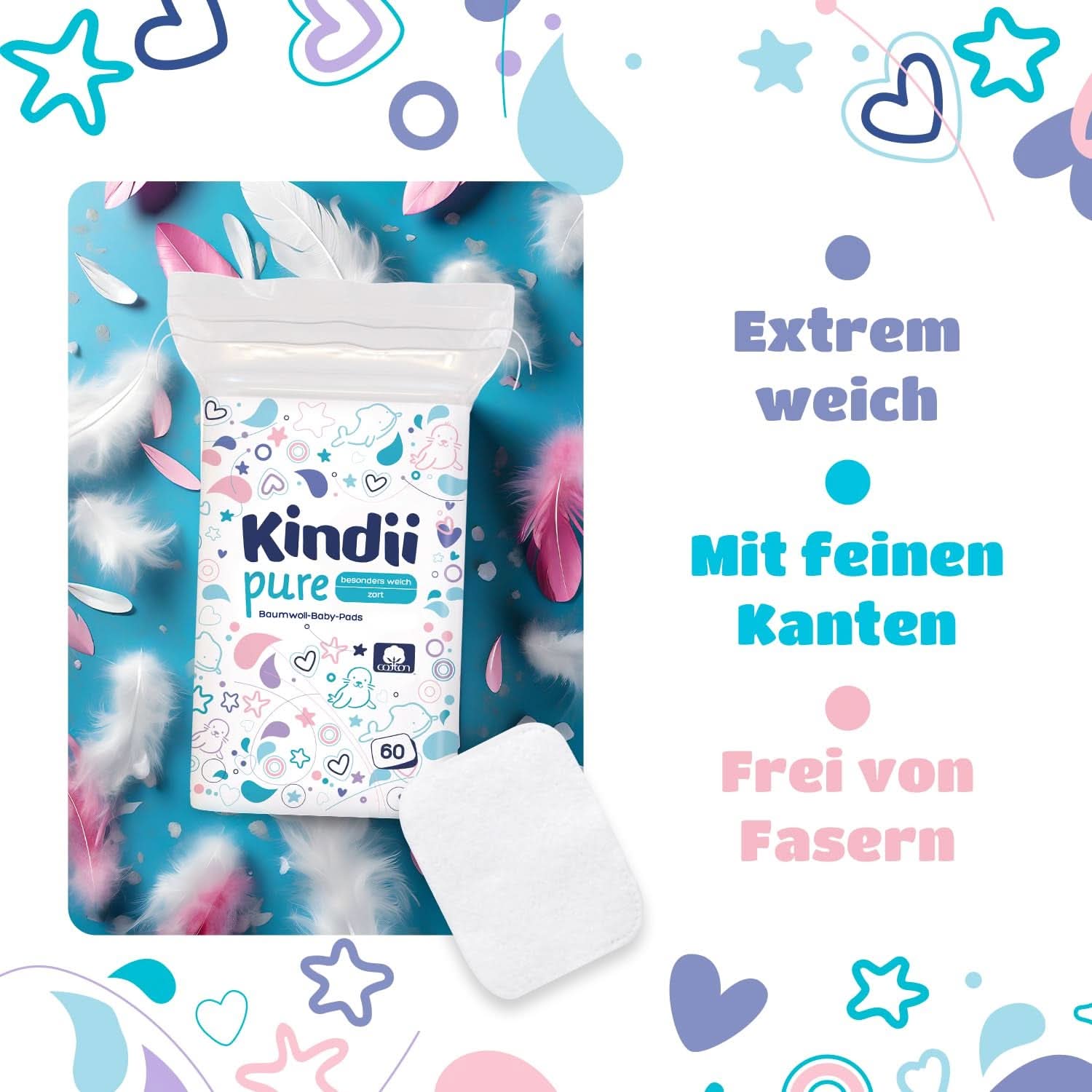 Tampoane Kindii Pure Baby - 100% bumbac - Tampoane pătrate mari pentru pielea sensibilă - Înlocuiește șervețele umede - Moale - Margini moi Servetele Umede Bebelusi Naty Shop