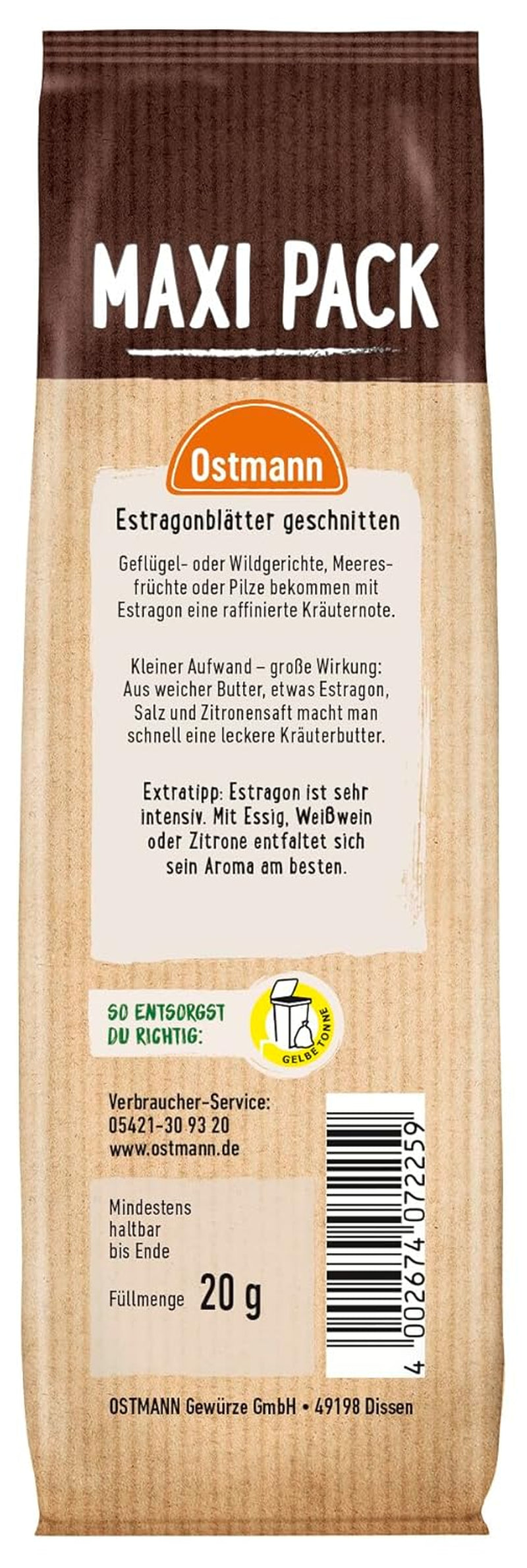 Ostmann Gewürze - Estragonblätter geschnitten | Zum Verfeinern von Salatsaucen, Gemüsegerichten et Remouladen | 20 g en sachet