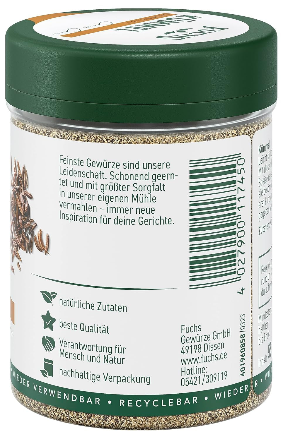 Fuchs Gewürze - Kümmel gemahlen - klassisches Gewürze für daftige Gerichte wie Chili con Carne - ingrédients naturels - 55 g en dose variable, recyclable