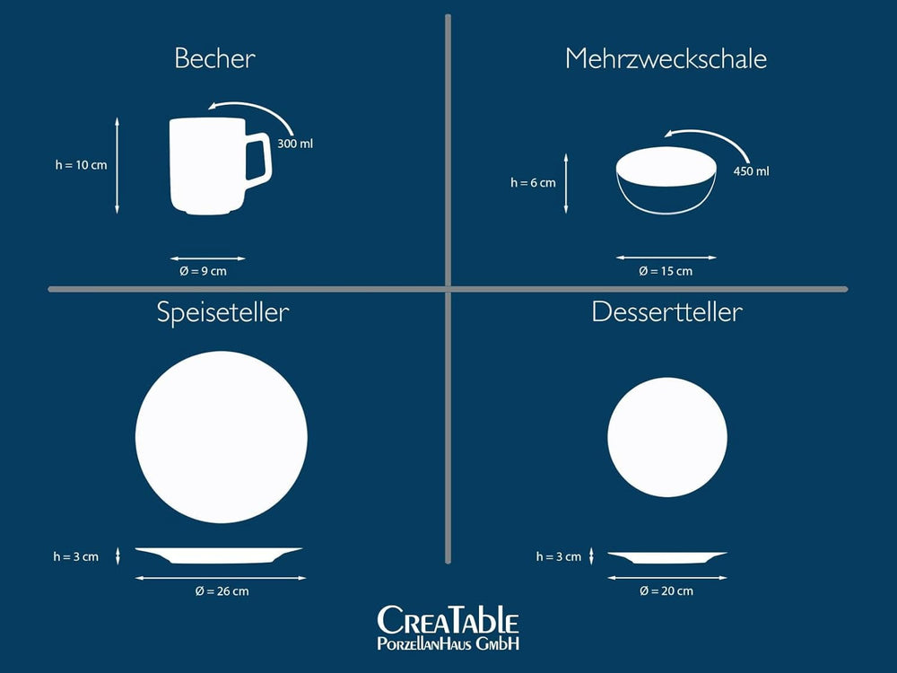 CreaTable, 20149, seria Nordic Fjord Blue, set de veselă cu 16 piese pentru 4 persoane, serviciu combinat din gresie, potrivit pentru mașina de spălat vase și cuptorul cu microunde, producție de calitate