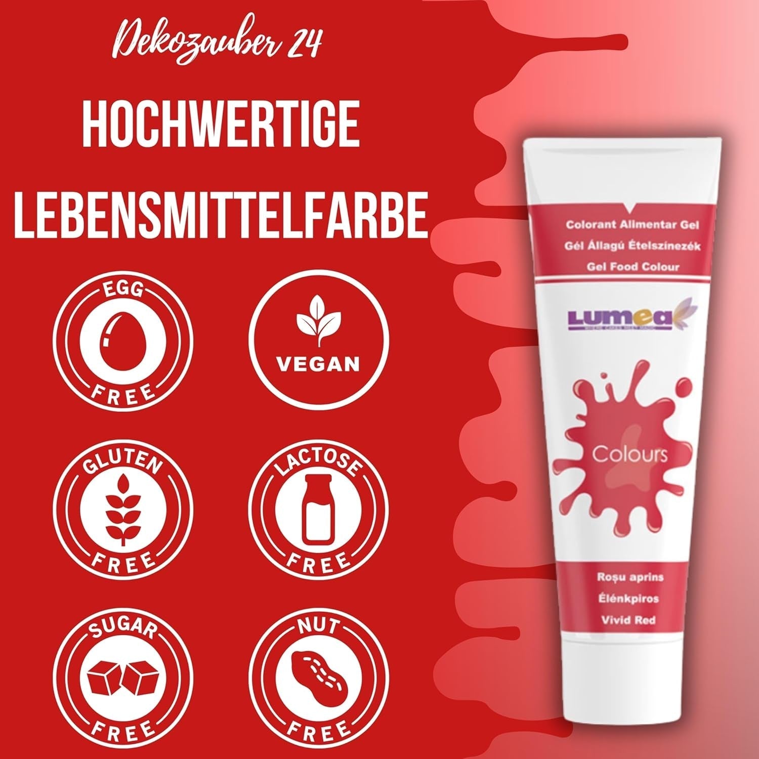 Dekozauber 24 Colorant Alimentaire Rouge, Gel, 30 g, Végétalien, Sans Sucre, Hautement Concentré, Colorant Alimentaire Rouge pour Fondant, Crème au Beurre, Boissons et Plus