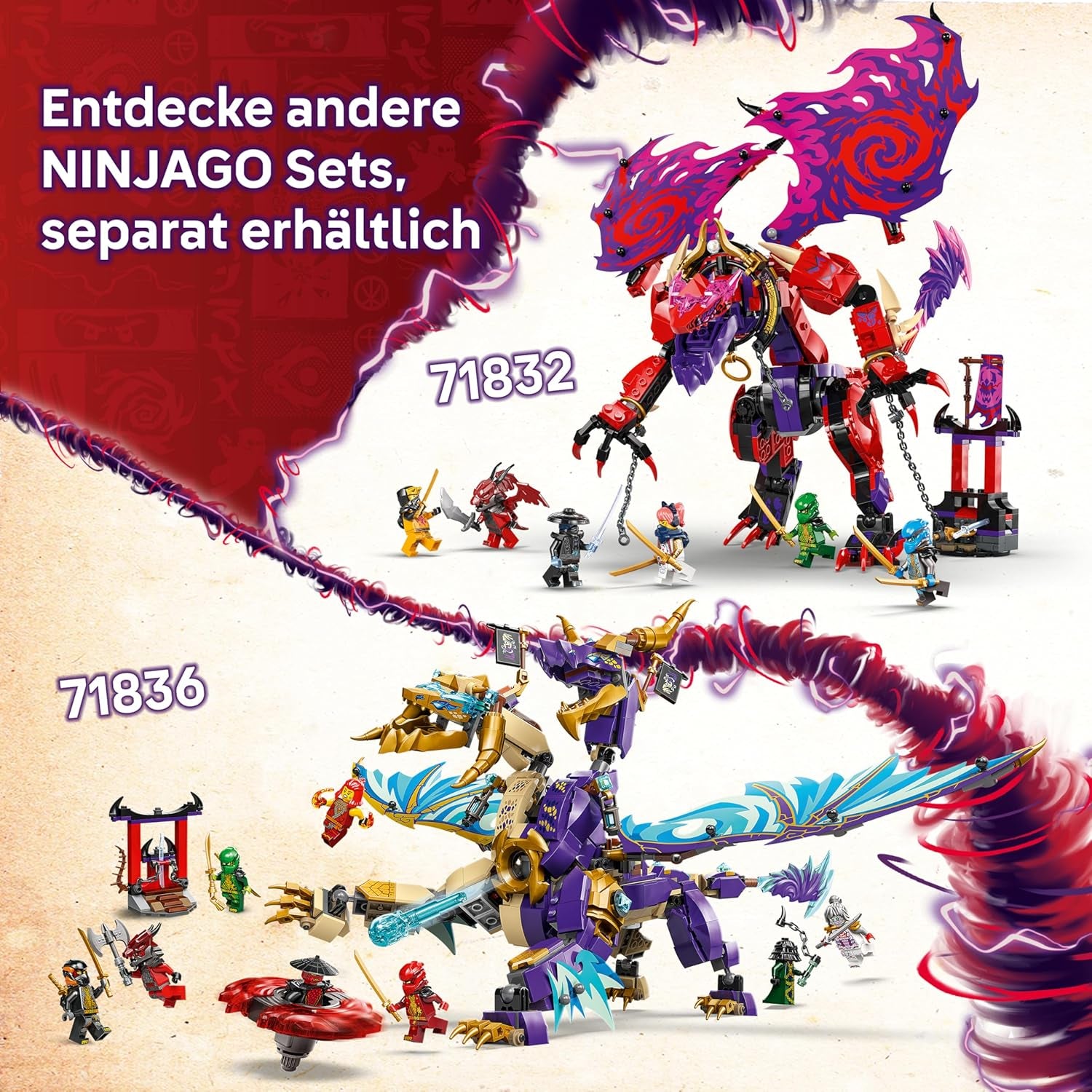 LEGO NINJAGO Chaosdrache Donnerzahn - Jeu avec 6 figurines Ninja - Jeu de rôle pour les jeunes et les filles à partir de 8 ans - Jeu pour la série TV Aufstieg der Drachen 71832