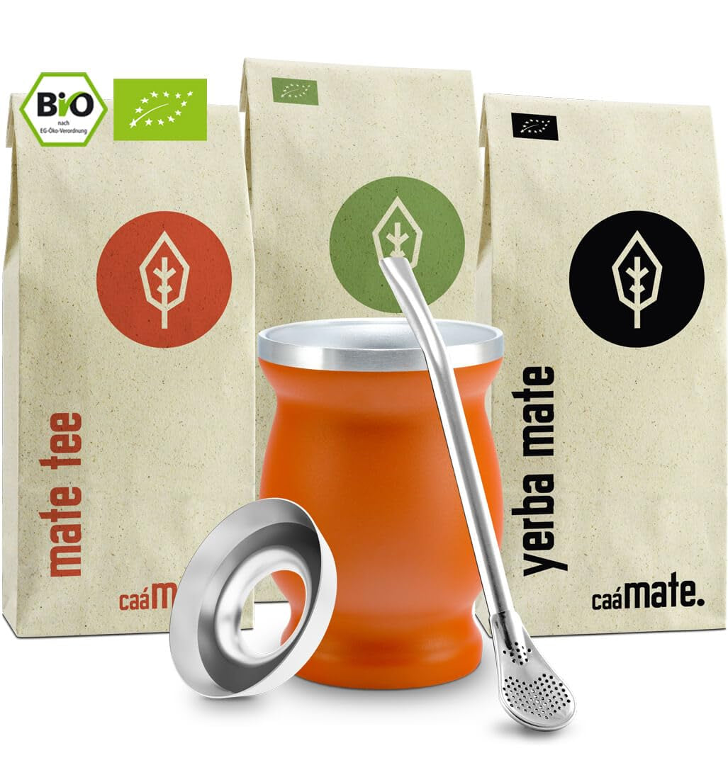 Service à thé Mate Bio ● 3 assortiments de Mate + Mug Mate en acier inoxydable à double paroi + Bombilla + Instructions de préparation (Noir)
