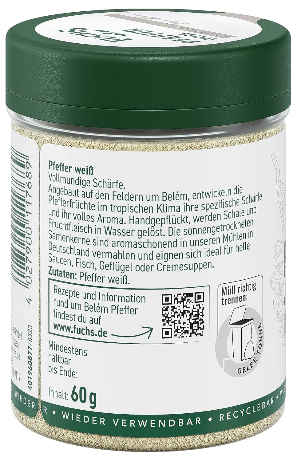 Fuchs Gewürze - Pfeffer weiß gemahlen - Pfeffer aus dem Amazonasgebiet, für helle Saucen, Fisch oder Suppen - Ingrédients naturels - 60 g en dose variable, recyclable