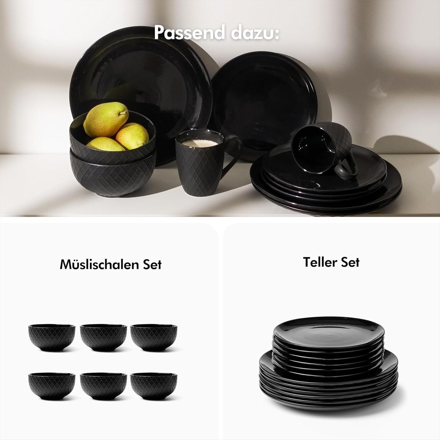 KIVY Geschirrset 6 Personen[Kratz & Spülmaschinenfest] 6x27cm + 6x22cm - Teller Set 12-teilig modern - Geschirr Set - Kombiservice - Geschirrset - Teller Set Schwarz - Teller Schwarz Matt