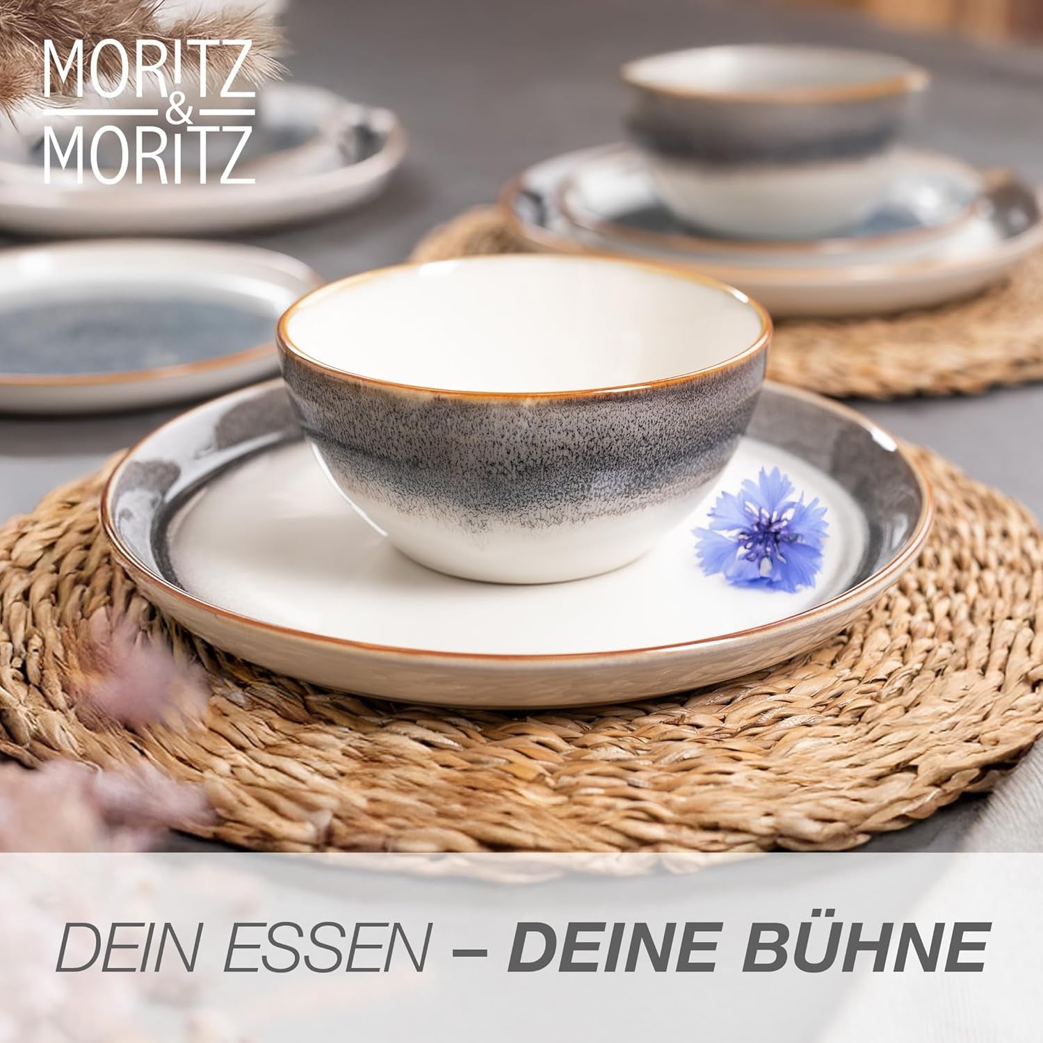 Moritz & Moritz TARENTO Service de table 24 pièces pour 6 personnes, gris – Service d'assiettes élégant en grès de haute qualité – Le service de table comprend 6 assiettes plates, 6 assiettes à dessert, 6 assiettes plates et 6 tasses.