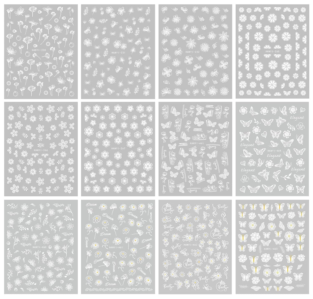 JMEOWIO Nagelsticker Frühlings Weiß Blume 12 Blatt Nail Art Sticker Selbstklebend Nagelaufkleber Sommer Schmetterling Blumen Blatt Dekoration Nageldesign Zubehör
