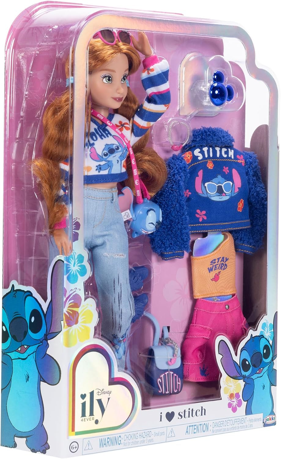 Poupées mannequins Disney ILY 4EVER Stitch aux cheveux rouges, mesurant 29 cm, avec 13 points d'articulation, deux tenues complètes mix and match et une bague Mickey scintillante pour vous !