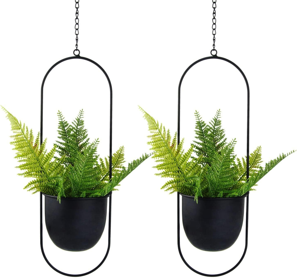 Ghivece metalice suspendate, 2 bucăți, negre, ovale, geometrice, cuier pentru plante cu ghiveci, jardinieră modernă de perete și tavan pentru interior și exterior, ghiveci de 15,2 cm, 2 bucăți