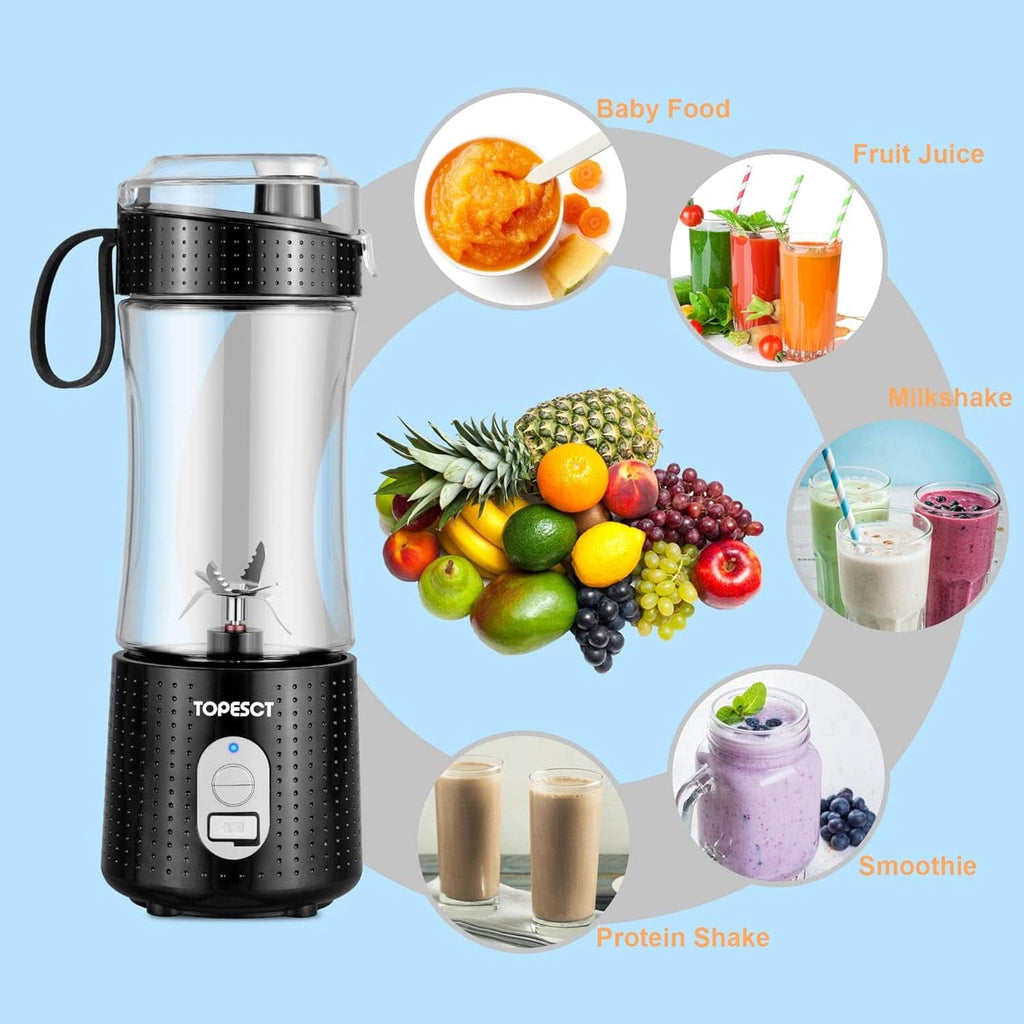 Topesct Tragbarer Mixer, Smoothie Maker to Go– Mobiler Standmixer/Elektrischer Mini Saftmixer Sechs Klingenin 3D-Anordnung Für Hervorragendes Mixen,13Oz USB Wiederaufladbarer Juicer (Schwarz) Bucatarie Naty Shop